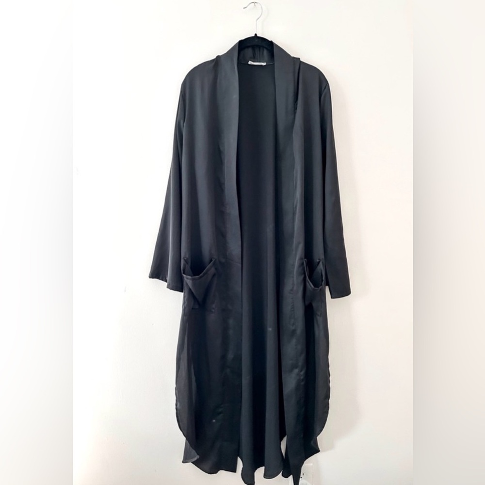 Sage The Label Duster/Robe Black Open Front, shirt tail bottom, front pockets,M - Picture 1 of 9